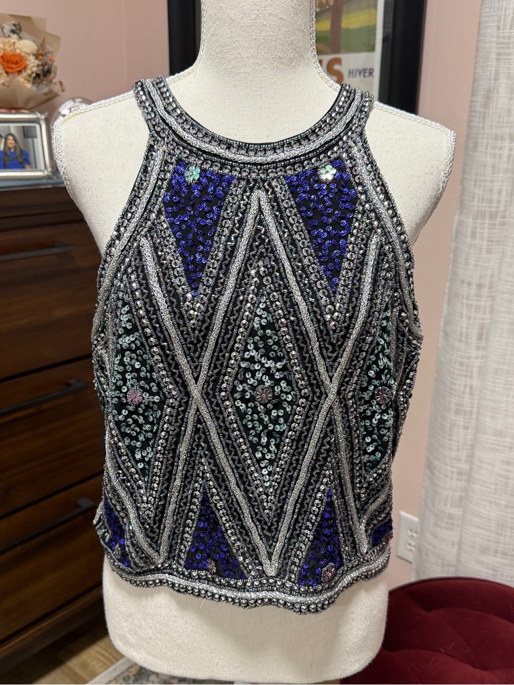Chelsea & Violet Stunning Hand Beaded Blue, Aqua and Silver Top. Size Small**